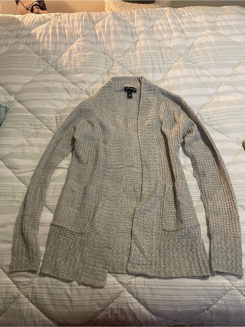 Open-Front Light Gray Knit Cardigan Sweater
